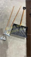 Two mop handles and one scoop shovel