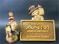 Anri Woodcarving Authorized Dealer Sign & Elephant