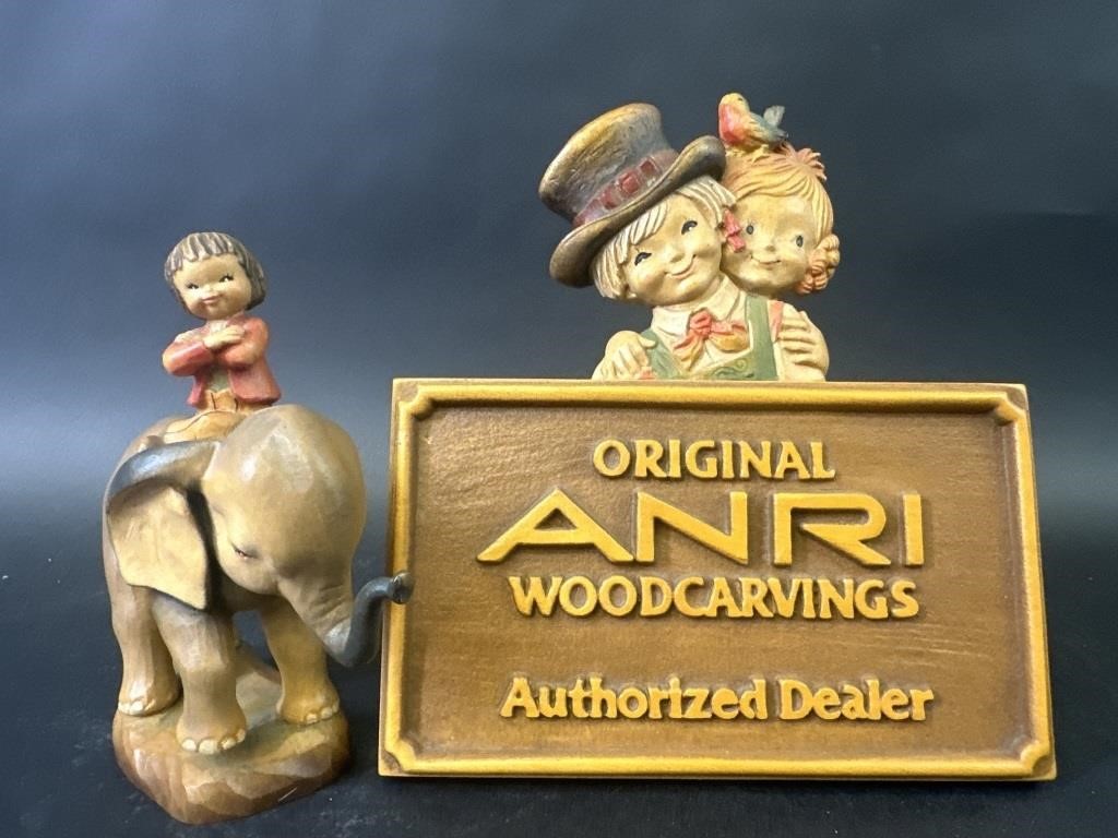 Anri Woodcarving Authorized Dealer Sign & Elephant