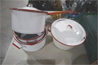 7 PIECES OF VINTAGE RED/WHITE ENAMELWARE