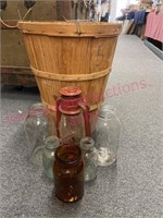 Tall bushel basket w/ old jars & lantern