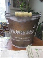 Tin Bucket Marked "Flowers" w/Wooden Bail Handle