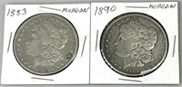 1883 & 1890 Morgan Silver Dollars.