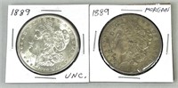 Pair of 1889 Morgan Silver Dollars.