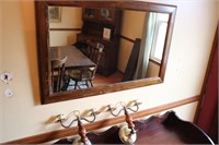 Wood Framed Mirror w/ Matching Wall Sconces