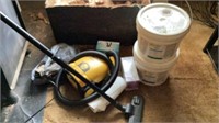 Vacuum cleaner, fire wood, 2 buckets and lids,