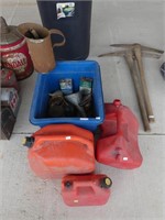 RECYCLING BIN, JERRY CANS, FUNNELS, ETC.