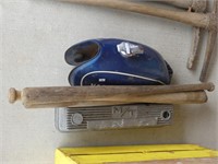 YAMAHA GAS TANK, THREE WOODEN BATS, ETC.