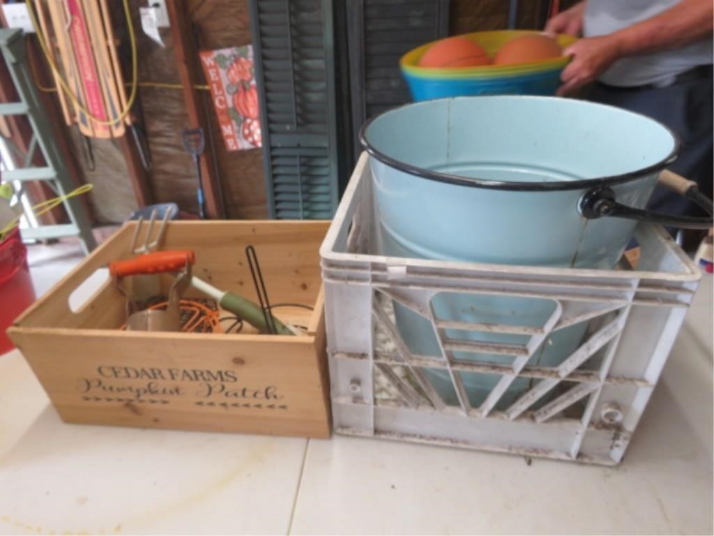 CRATE, METAL PAIL, BRICKS, GARDENING TOOLS