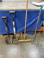 Shovel, small rake, broom, and pitch fork