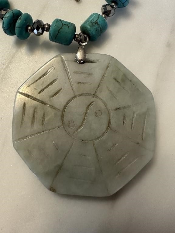CHINESE CARVED BAGUA STONE PENDANT NECKLACE