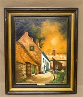 E. Naudts Villagescape Oil on Canvas, Signed.