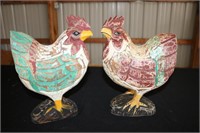 Folk art pair of wooden roosters