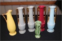 Shawnee Pottery vases (6) one yellow with handle,