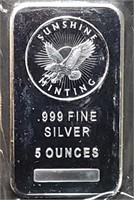 5 Troy Oz .999 Fine Silver Bar Sunshine Minting