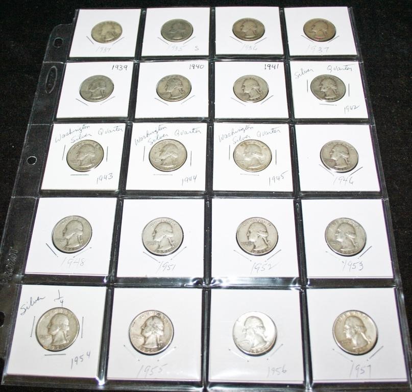 (20) 5$ Face Silver Washington Quarters 1934-1957