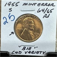 1955-S WHEAT PENNY CENT "BIE" CUD VARIETY