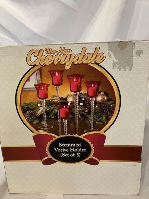 5 Piece Red and Clear Candle Holder Set NIB