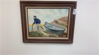 Vintage wooden framed sailor with boat painting.