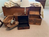 6 pc misc lot including chests, baskets, lamp