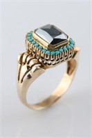 14k Yellow Gold, Hematite and Turquoise Ring