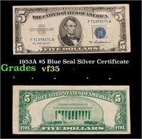 1953A $5 Blue Seal Silver Certificate Grades vf++