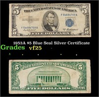 1953A $5 Blue Seal Silver Certificate Grades vf+