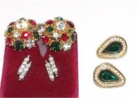 3 Pair Vintage Rhinestone Jeweled Pierced Earrings