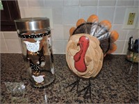 Glass Canister w/ Chicken Motif & Metal Turkey