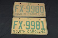 1971 NC CONSECUTIVE NUMBERED LICENSE PLATES