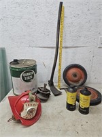 Oil cans, pick, pulley