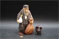 Hand-Made Carved Wood Man & Clay Pig