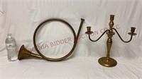 Decorative Brass Horn & Brass Candelabra
