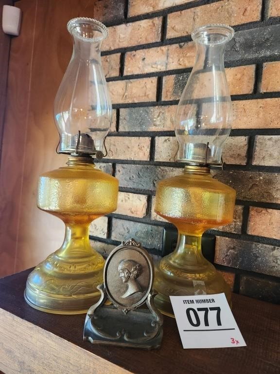 Oil lamps (2) 18" t & 1 heavy bookend