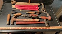 HAND DRILL, HAMMERS AND ASSORTED WOODEN HANDLES