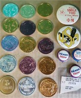Assorted Mardi Gras coins and Nixon buttons