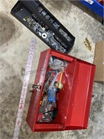 Red popular mechanics metal toolbox with lift out