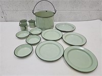 Primitive Green Enamel Ware Plates, Pot, Mug  +