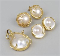 14K Gold & Mother of Pearl Earrings & Pendant.