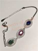 Sterling Silver Emerald Ruby & Sapphire Bracelet