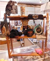 Harley-Davidson items & wooden shelf,