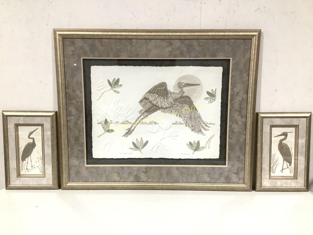 Signed Large Framed Bird & (2) Small Framed Birds