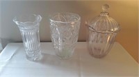 2 Glass Vases & Tall Candy Dish