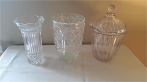 2 Glass Vases & Tall Candy Dish