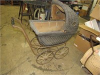 Vintage Wood Spoke Wheel  Baby Doll Wicker Buggy