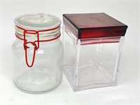 Pair of Lidded Canisters. Glass Canister measures
