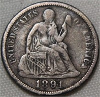 USA Liberty Seated One Dime 1891