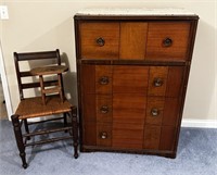 Vintage Chest of Drawers, Cane Chair, Stool