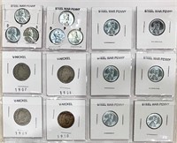 Collectable 4 V Nickels and 12 Steel War Pennies