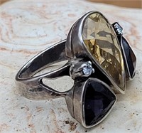 STERLING SILVER W YELLOW & BLUE AMETHYST RING SZ